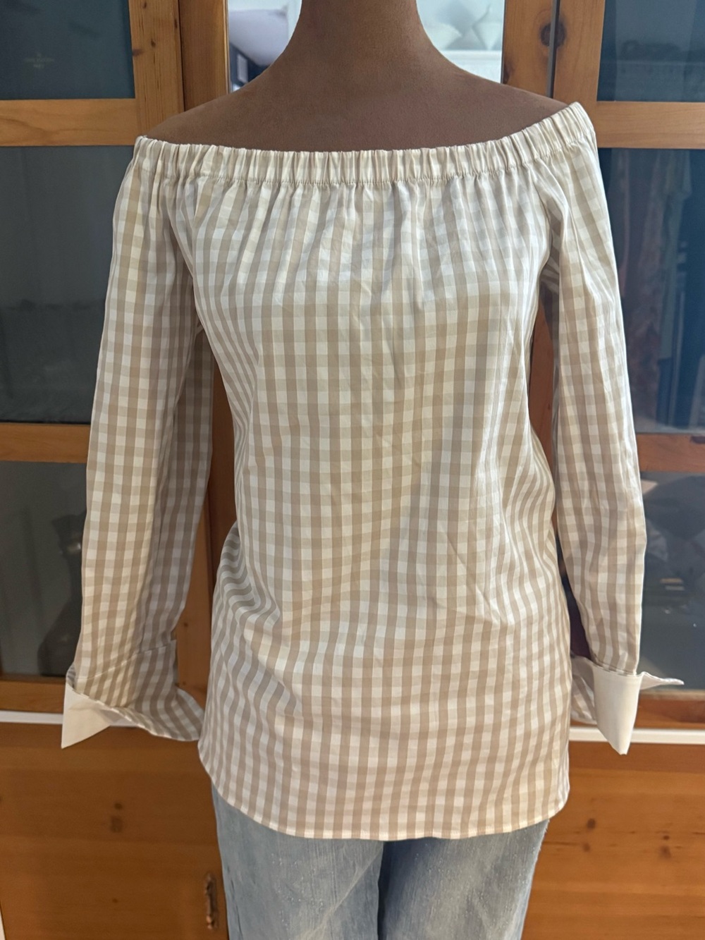 Lafayette 148 New York Beige and White Gingham Off-Shoulder Blouse